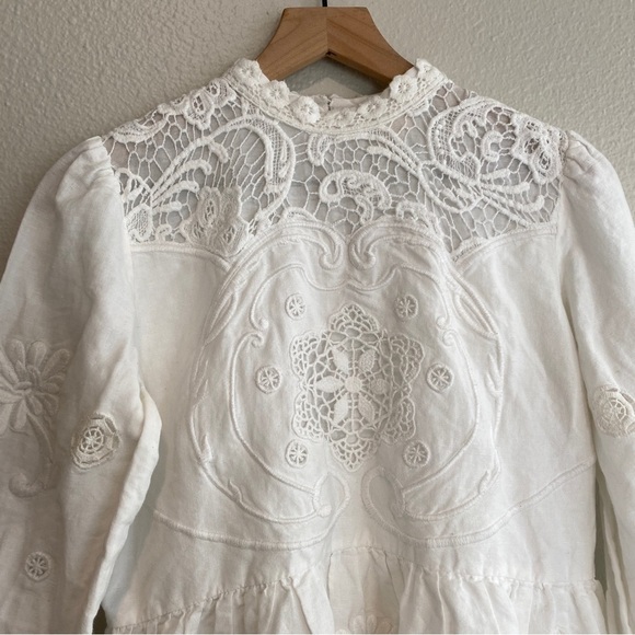 Anthropologie By TiMo Embroidered Linen Puff Shoulders Sleeves Mini Dress - Picture 3 of 10